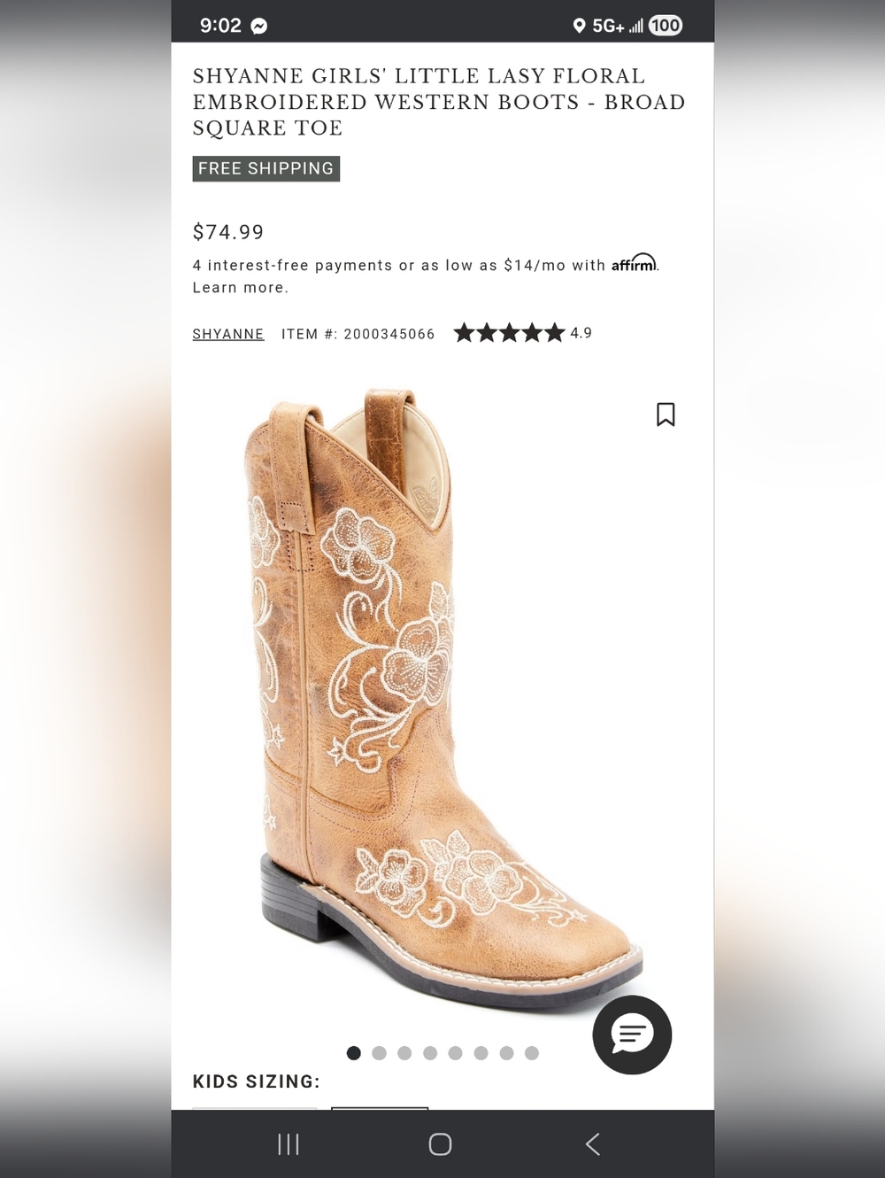 Shyanne Brown Leather Western Boots with White Floral Embroidery Little Girls - Picture 2 of 7